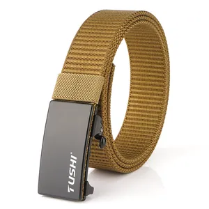 Detail of khaki nylon tactical belt with black automatic metal buckle and brand logo
