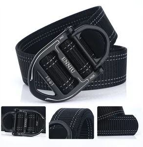 Detail of matte black alloy buckle with D-ring and tension specs on tactical nylon belt