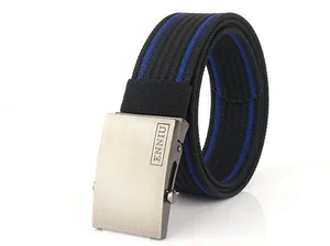 Close-up of a black woven nylon belt featuring blue stripes and a matte silver metal buckle