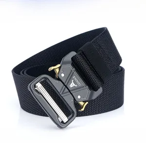 Close-up of quick-release metal buckle and heavy-duty nylon tactical belt in black