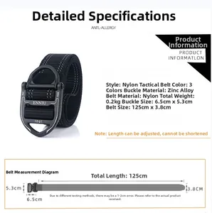 Size chart showing tactical nylon belt dimensions with zinc alloy buckle measurements