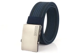 Close-up of durable navy nylon belt with black stripes and brushed metal buckle by ENNIU