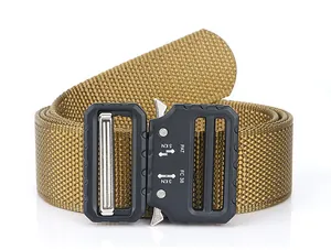 Close-up of tactical nylon belt with khaki webbing and heavy-duty metal quick release buckle