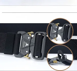 Detail of the heavy-duty metal quick-release buckle on a black nylon tactical belt