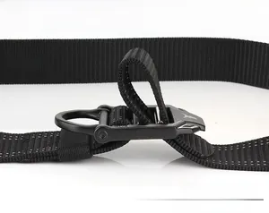Detail of black coated metal buckle and nylon strap with adjustable D-ring mechanism