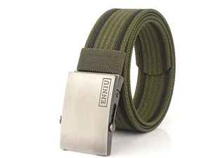 Detail of army green nylon tactical belt featuring a brushed metal buckle with logo