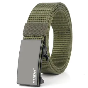 Detail of military green nylon web belt with black automatic metal buckle by TUSHI