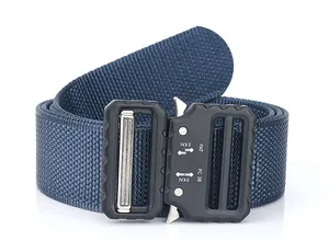 Close-up of tactical belt metal quick release buckle with FC38 technical markings