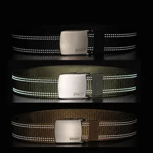 Reflective nylon tactical belt with matte metal buckle in black, green and brown