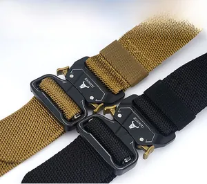 Close-up of tactical nylon belts with heavy-duty metal buckles and bead weave patterns