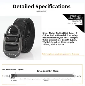 Detailed technical specifications of a nylon tactical belt with alloy buckle and dimensions