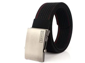 Detail of high-density nylon tactical belt with red stitching and brushed metal buckle