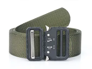Detail of army green tactical nylon belt with black heavy-duty metal quick-release buckle