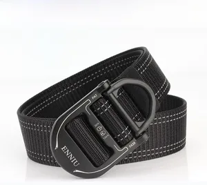 Detail of heavy-duty nylon tactical belt with quick-release metal buckle and grey stitching