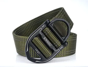Close-up of military green tactical nylon belt with heavy-duty black alloy buckle