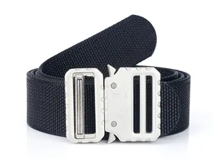 Close-up of black tactical belt with matte silver quick-release cobra buckle detail