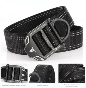 Macro details of tactical nylon belt with metal buckle and reinforced weaving texture