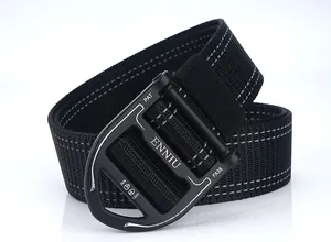 Close-up of quick release alloy buckle on nylon tactical belt with reflective stitching