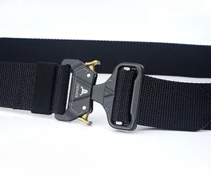 Detail of zinc alloy quick-release buckle and nylon weave on black tactical belt