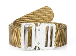 Detail of khaki nylon tactical belt buckle with 5KN strength laser engravings