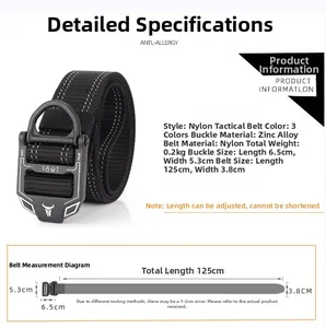 Detailed measurement chart of high-density nylon tactical belt with zinc alloy buckle