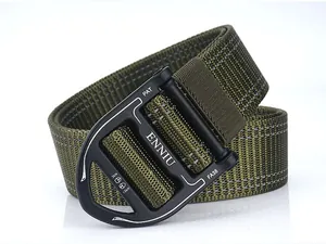 Close-up of tactical nylon belt with ENNIU quick-release metal buckle and heavy-duty texture