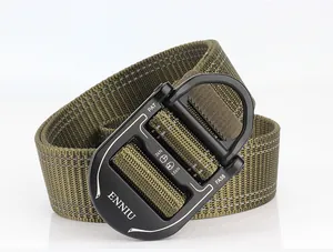 Detail of army green nylon tactical belt showing matte black quick release alloy buckle