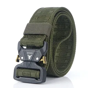 Tactical nylon belt in military green with black metal quick-release buckle and cow logo