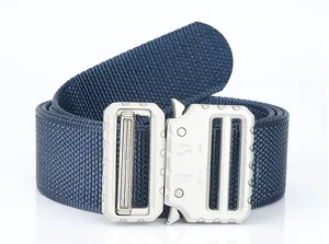 Detail of navy nylon tactical belt featuring a quick-release silver alloy buckle with 5KN rating