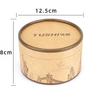 Boîte cadeau ceinture cylindrique en papier kraft brun avec motifs de monuments, 12,5x8cm