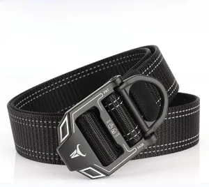 Detail of high-strength nylon belt with reflective strips and tactical metal buckle