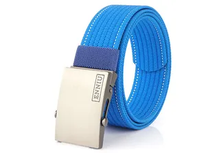 Detail of blue nylon tactical belt featuring a brushed metal buckle and woven texture