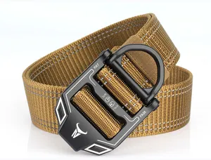 Close-up of heavy-duty nylon tactical belt with reflective stitching and 3kN metal buckle