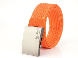 Detail of orange nylon webbing belt with brushed metal buckle and white stitching