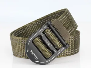 Detail of army green nylon tactical belt with heavy-duty metal quick release buckle