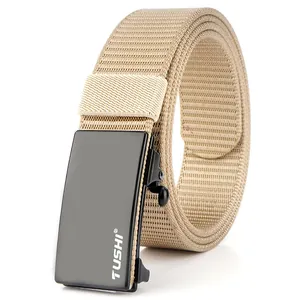 Close-up of khaki nylon belt strap texture and black metal automatic buckle with logo