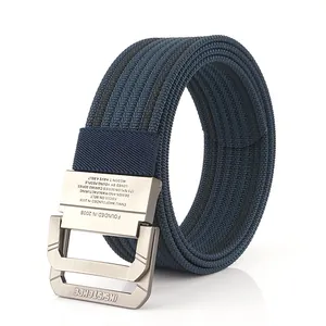 Herren-Stoffgürtel aus Nylon mit Doppelring-Schnalle und marineblau-schwarzen Streifen