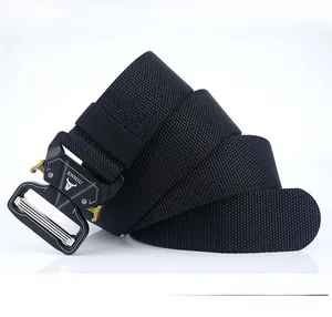 Detail of a heavy-duty black tactical nylon belt with a quick-release metal buckle