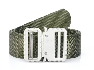 Macro detail of military green nylon tactical belt with quick-release metal buckle