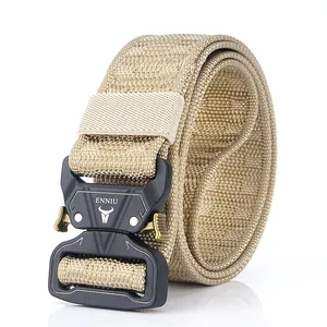 Khaki tactical nylon belt with black quick-release metal buckle on white background