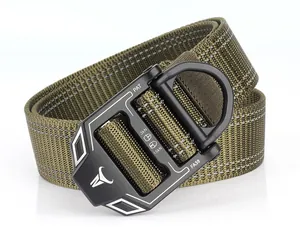 Detailed view of heavy-duty military green nylon tactical belt with metal cobra buckle