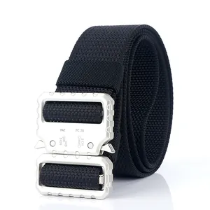 Detailed close-up of a silver tactical belt buckle with 3KN and 5KN laser engravings