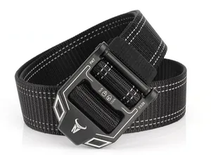 Detail of matte black tactical buckle and heavy-duty nylon belt with reflective stitching