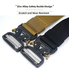 Detail of zinc alloy safety buckle and durable nylon weave on tactical belt