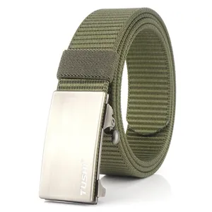Detailed close-up of military green nylon tactical belt with matte metal buckle and logo