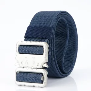 Close-up of navy blue tactical nylon belt with silver quick-release buckle and 5KN specs