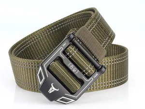 Detail view of olive green tactical belt with quick-release metal buckle and reflective stitching