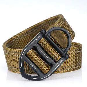 Tactical nylon belt with quick release alloy buckle and reflective striping in khaki