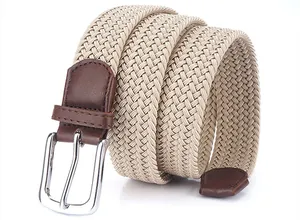 Detailed view of elastic woven belt with beige fabric, brown leather tips and metal buckle