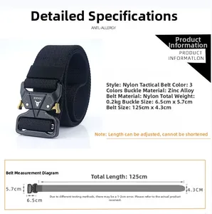Detailed technical diagram of tactical nylon belt with zinc alloy quick release buckle size